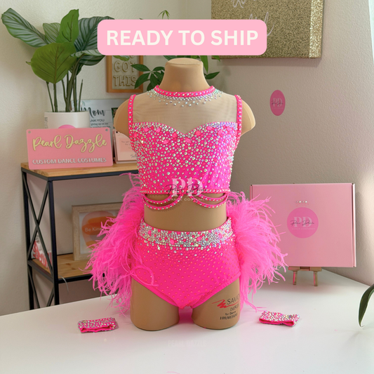 Ready to ship(CS/CM)-Pink feather Cute Sparkle Jazz Costume