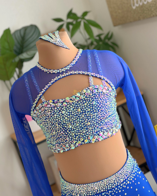CL/CXL (Ages 9–11) Ready to Ship – Sapphire Spark Crystal Long Sleeve Two-Piece Dance Costume | Pure Charm by Pearl Dazzle