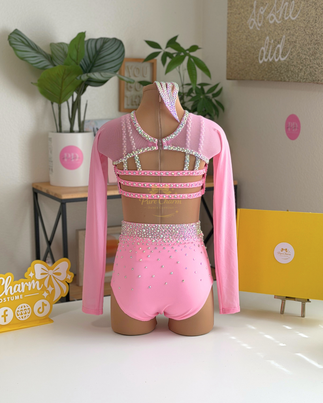 Ready to Ship –CS/CM (Ages 5–7) Blush Crystal Long Sleeve Two-Piece Dance Costume | Pure Charm by Pearl Dazzle