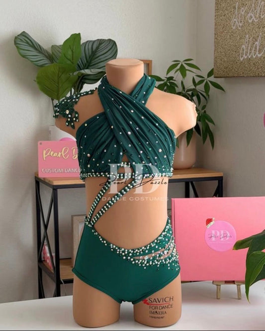 3.15.26-3.30.26 Shipping Emerald Crisscross Rhinestone Dance Costume With Sleeves