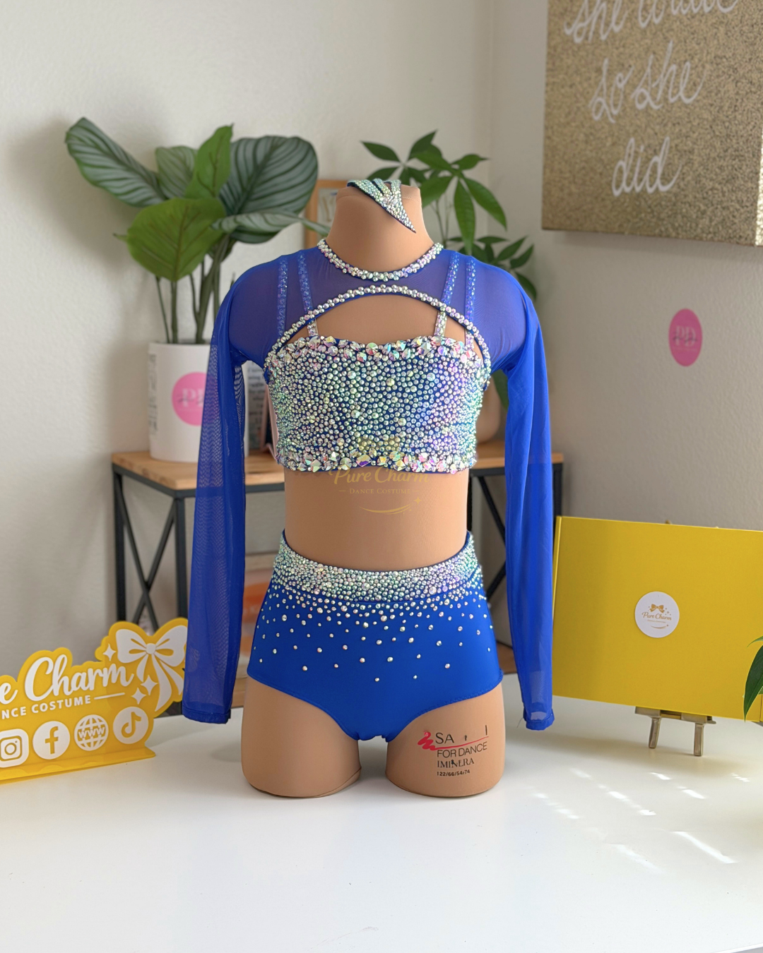 Ready to Ship –CL/CXL (Ages 9–11)  Sapphire Spark Crystal Long Sleeve Two-Piece Dance Costume | Pure Charm by Pearl Dazzle