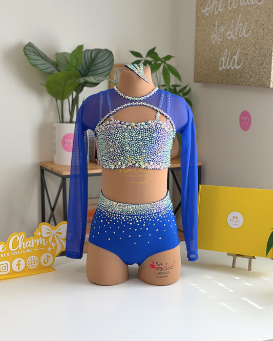 CL/CXL (Ages 9–11) Ready to Ship – Sapphire Spark Crystal Long Sleeve Two-Piece Dance Costume | Pure Charm by Pearl Dazzle