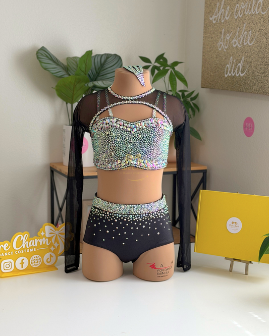 CXL/AXXS (Ages 11–13) Ready to Ship – Midnight Crystal Long Sleeve Two-Piece Dance Costume | Pure Charm by Pearl Dazzle