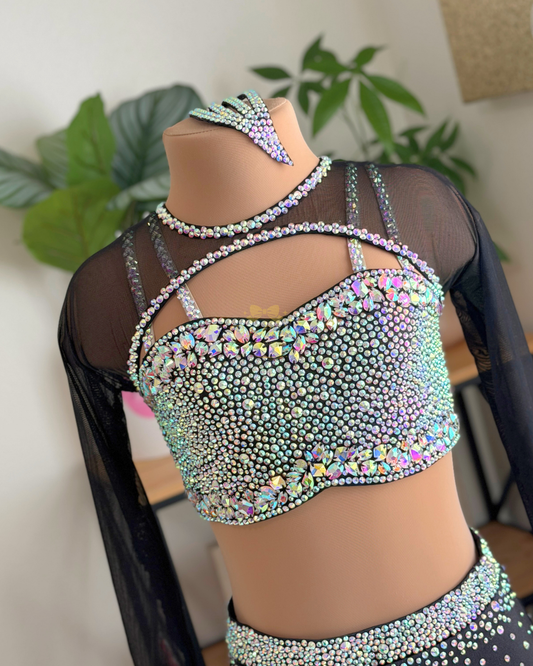 CXL/AXXS (Ages 11–13) Ready to Ship – Midnight Crystal Long Sleeve Two-Piece Dance Costume | Pure Charm by Pearl Dazzle