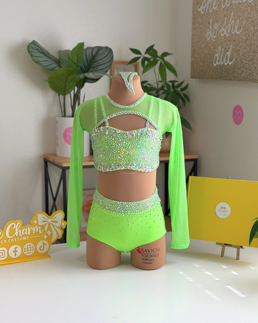 CM/CL (Ages 7–9) Ready to Ship – Electric Lime Crystal Long Sleeve Two-Piece Dance Costume | Pure Charm by Pearl Dazzle