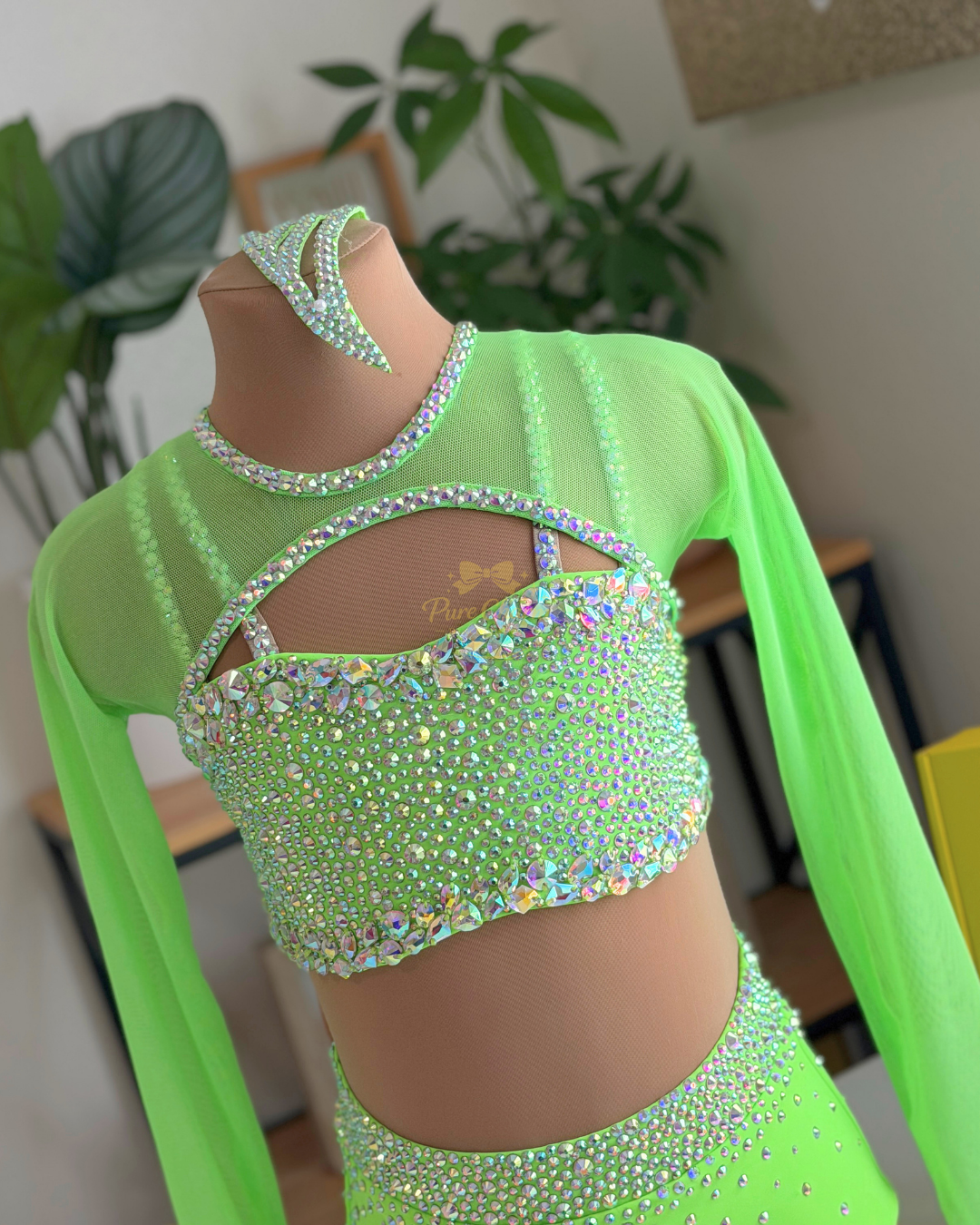Ready to Ship –CM/CL (Ages 7–9)  Electric Lime Crystal Long Sleeve Two-Piece Dance Costume | Pure Charm by Pearl Dazzle
