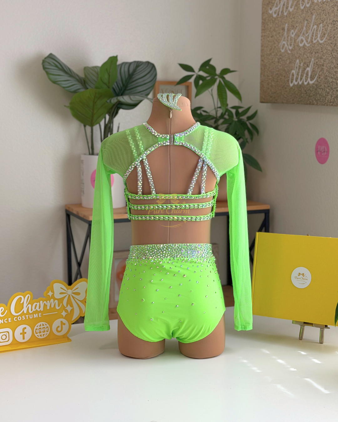 Ready to Ship –CM/CL (Ages 7–9)  Electric Lime Crystal Long Sleeve Two-Piece Dance Costume | Pure Charm by Pearl Dazzle