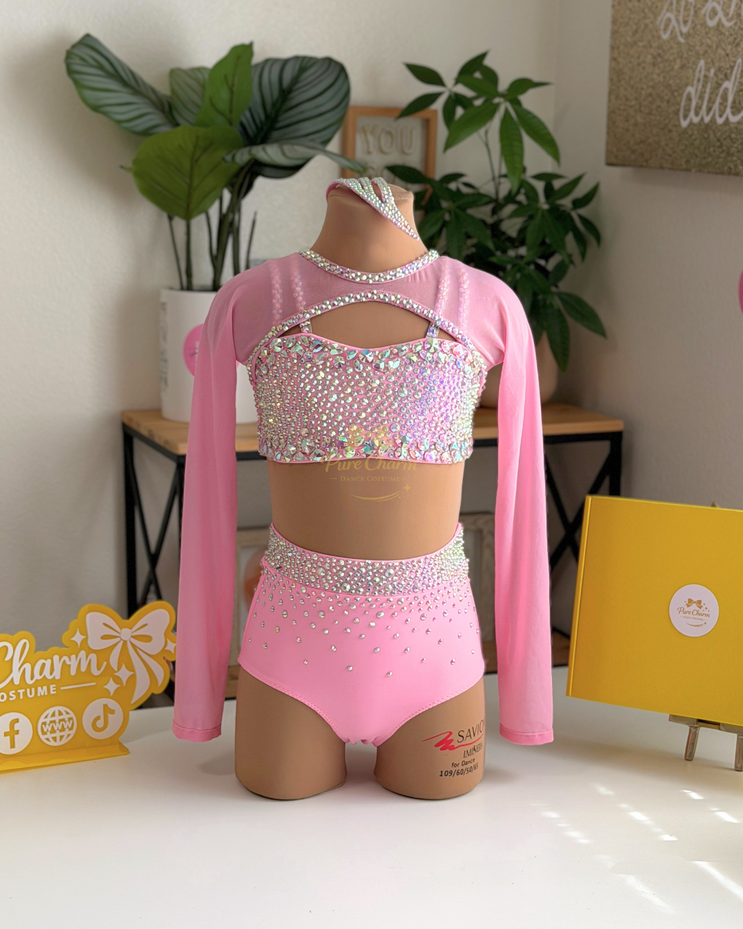 Ready to Ship –CS/CM (Ages 5–7) Blush Crystal Long Sleeve Two-Piece Dance Costume | Pure Charm by Pearl Dazzle